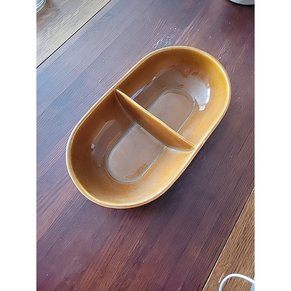 Vintage McCoy Brown Ceramic Oval Divided Serving Dish #7038 Bowl Pottery Gold